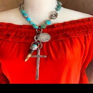 Turquoise and Silver Cross Pendant Necklace